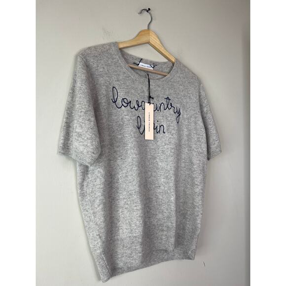 NWT Lingua Franca Cashmere Short Raglan Sleeve Pullover Embroidered Top Gray - Picture 2 of 5